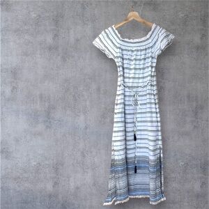 🎈Tommy Bahama Summer Linen On-Off-Shoulder Striped Midi Dress